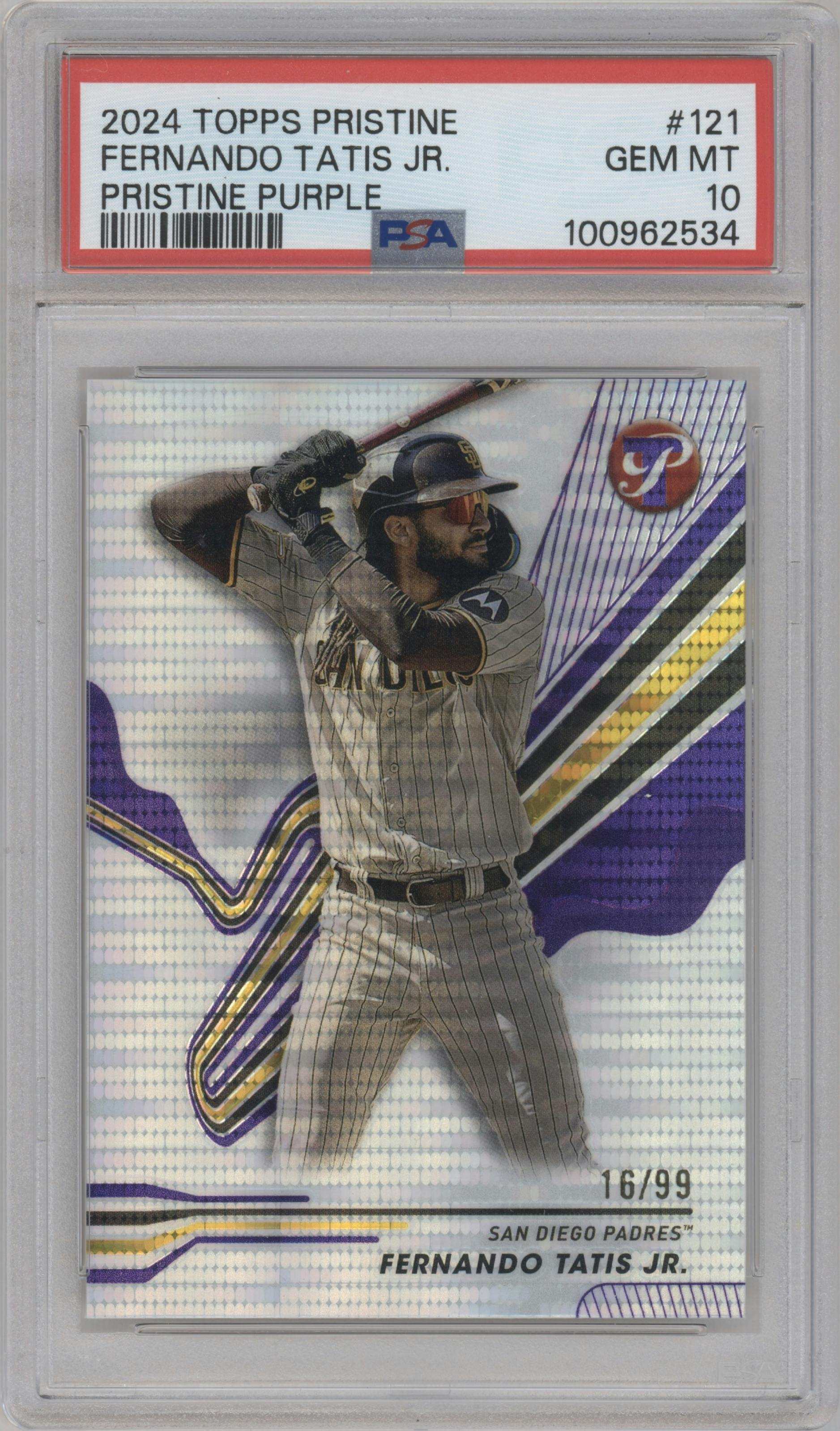Fernando Tatis Jr. from the 2024 Topps Pristine set featuring a Purple Pristine Pulsar Refractor parallel graded by PSA and given an overall grade of 10.