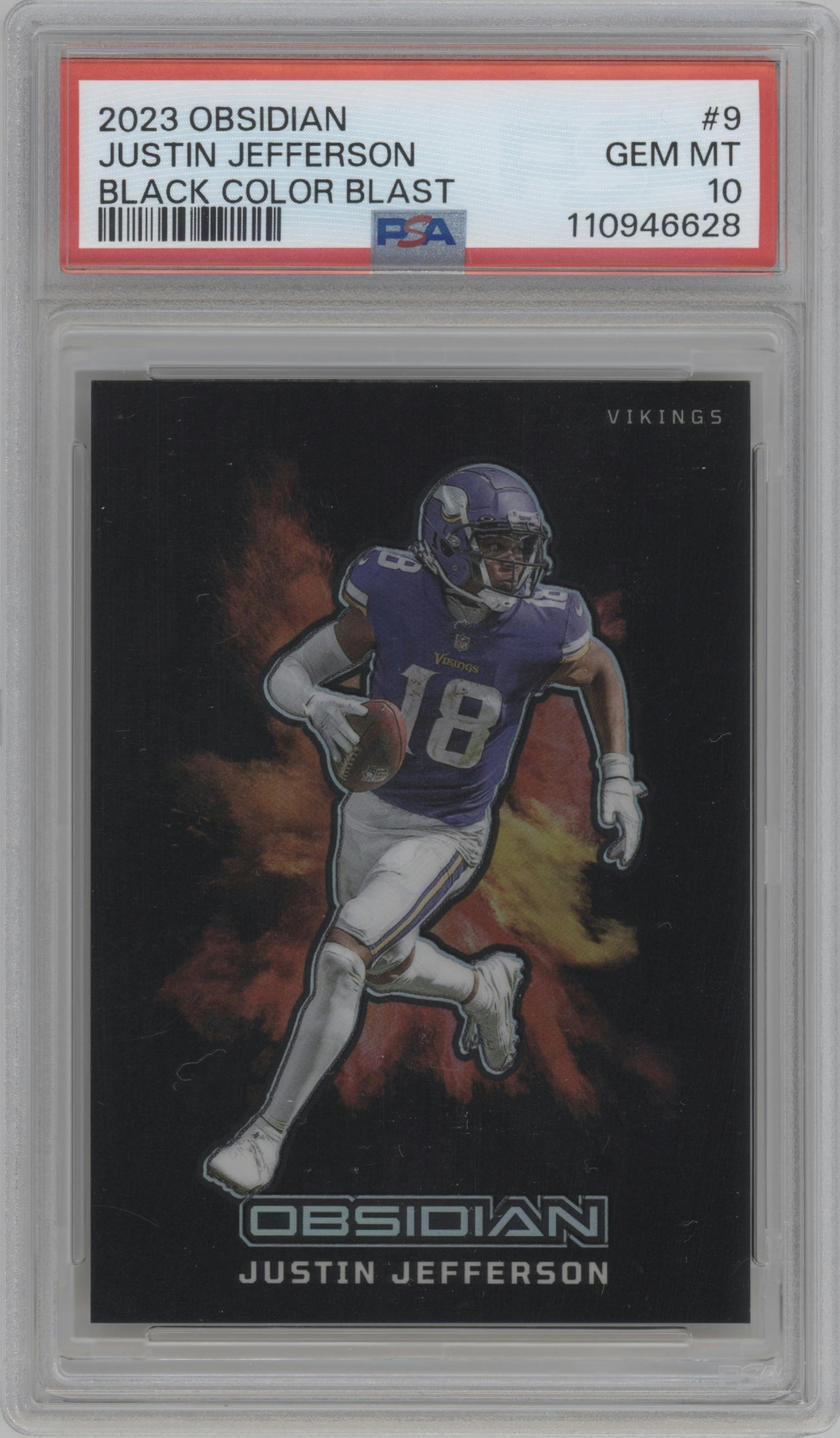 Justin Jefferson from the 2023 Panini Obsidian set graded by PSA and given an overall grade of 10.