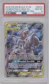 Mewtwo & Mew GX from the 2019 Pokemon S&M  set featuring a Power Partnership Tins parallel graded by PSA and given an overall grade of 10.