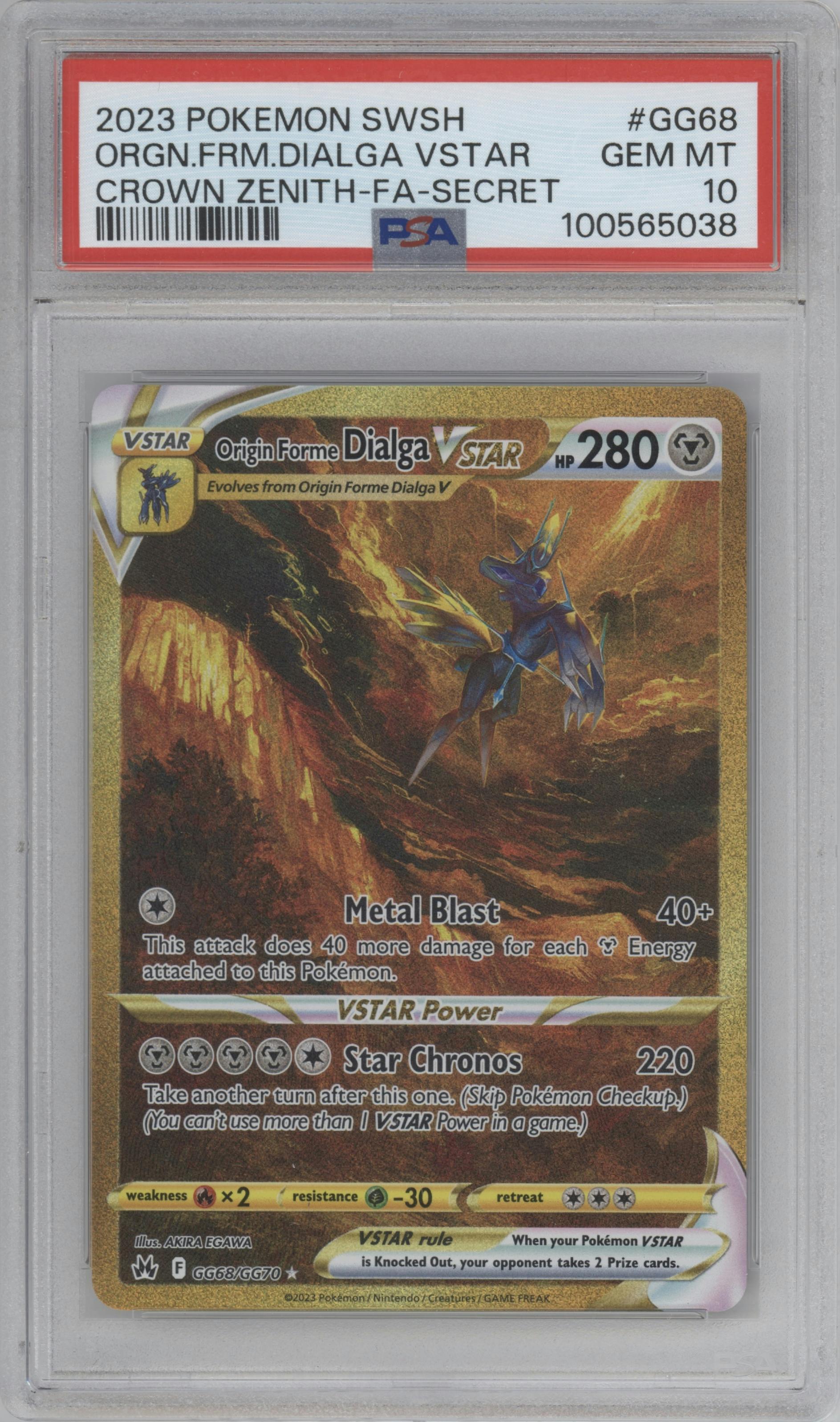 Origin Forme Dialga VSTAR from the 2023 Pokemon SWSH set graded by PSA and given an overall grade of 10.