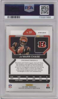 Ja'Marr Chase from the 2021 Panini Prizm set featuring a Lazer parallel graded by PSA and given an overall grade of 10.