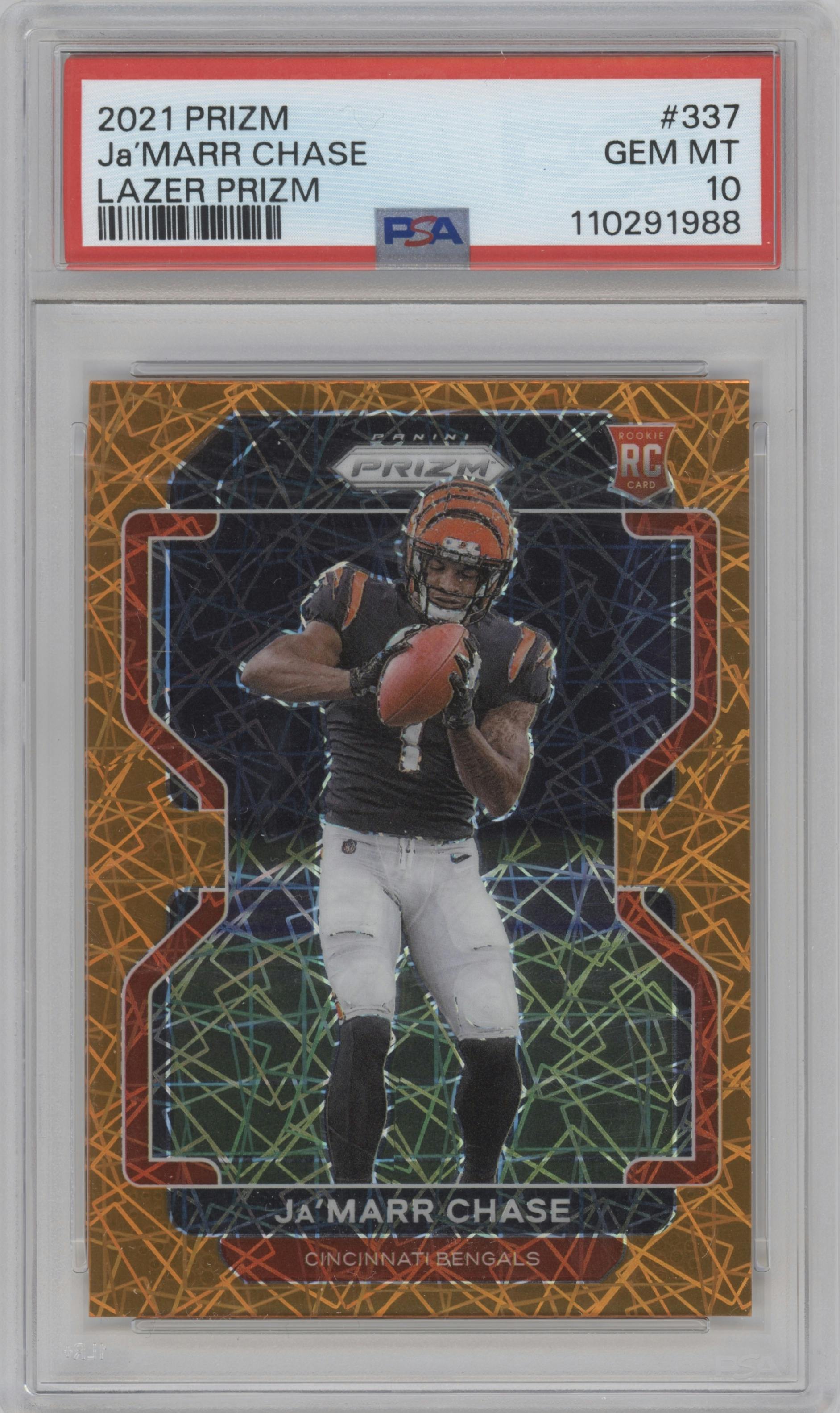 Ja'Marr Chase from the 2021 Panini Prizm set featuring a Lazer parallel graded by PSA and given an overall grade of 10.