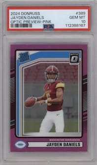 Jayden Daniels from the 2024 Donruss set featuring a Pink parallel graded by PSA and given an overall grade of 10.