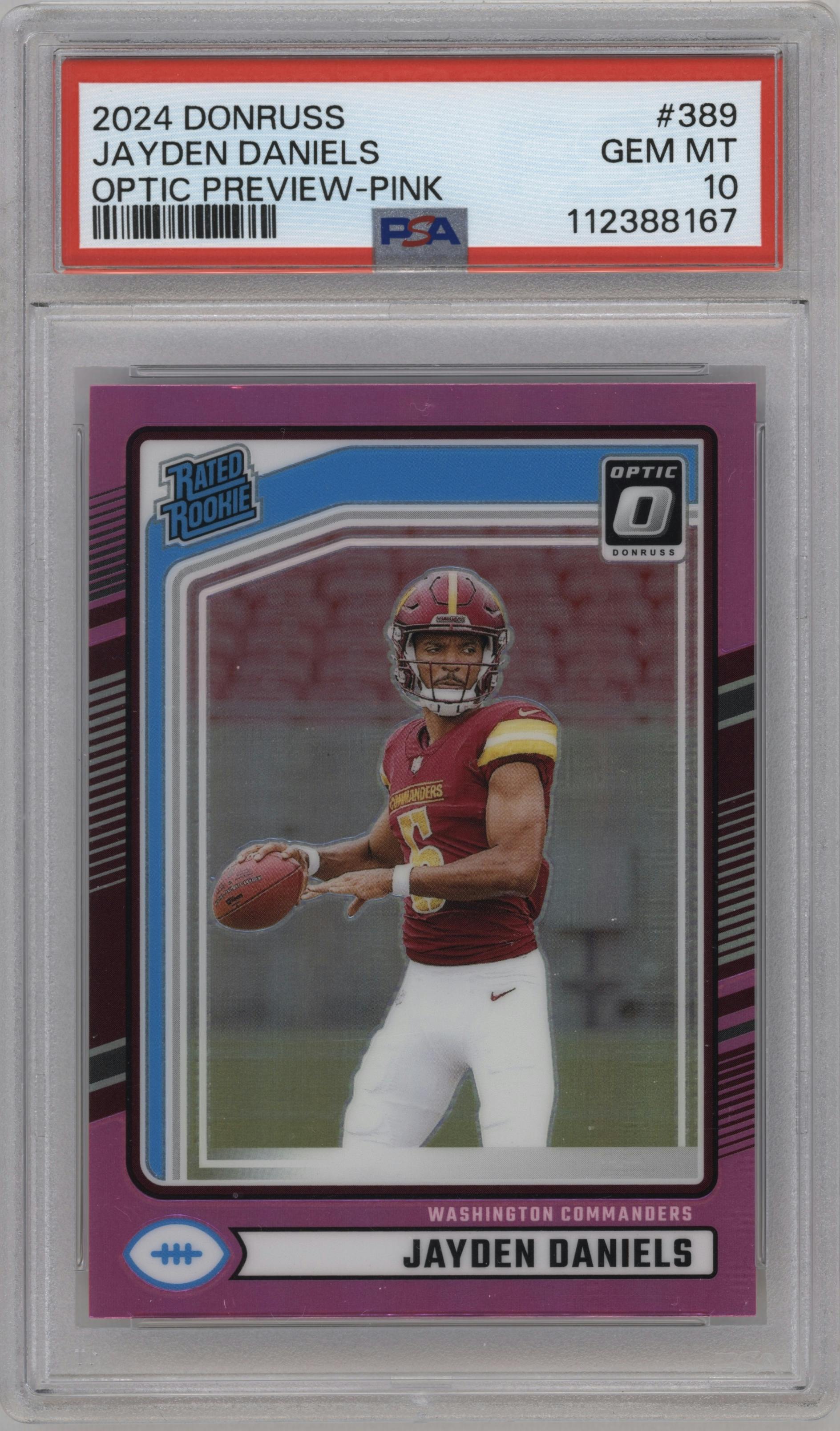 Jayden Daniels from the 2024 Donruss set featuring a Pink parallel graded by PSA and given an overall grade of 10.