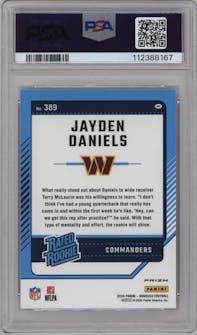 Jayden Daniels from the 2024 Donruss set featuring a Pink parallel graded by PSA and given an overall grade of 10.