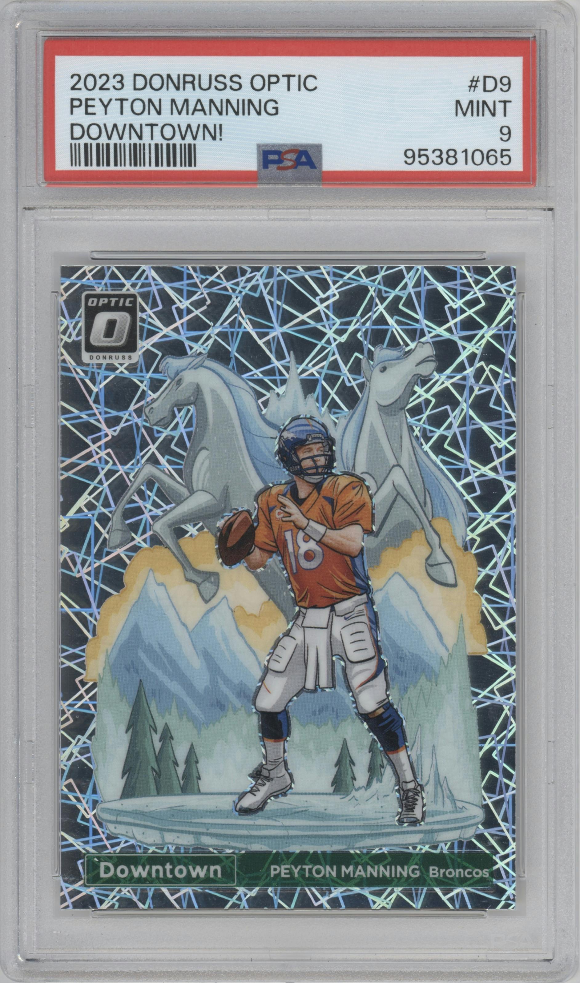 Peyton Manning from the 2023 Donruss Optic set graded by PSA and given an overall grade of 9.