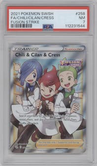 Chili & Cilan & Cress from the 2021 Pokemon SWSH set graded by PSA and given an overall grade of 7.