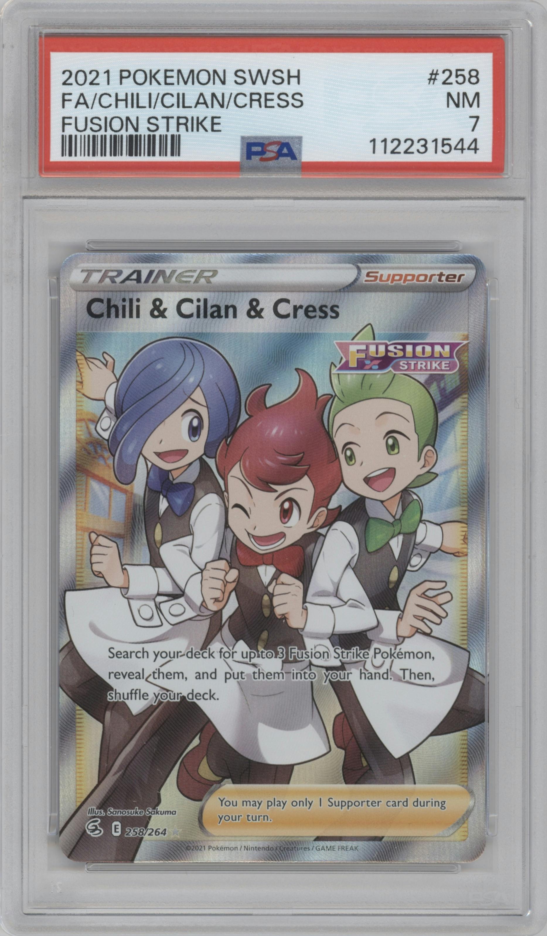Chili & Cilan & Cress from the 2021 Pokemon SWSH set graded by PSA and given an overall grade of 7.