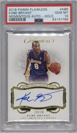 Kobe Bryant from the 2018-19 Panini Flawless set featuring a Gold parallel graded by PSA and given an overall grade of 10.