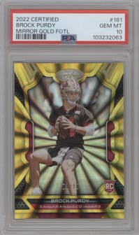Brock Purdy from the 2022 Panini Certified set featuring a  FOTL Mirror Gold parallel graded by PSA and given an overall grade of 10.