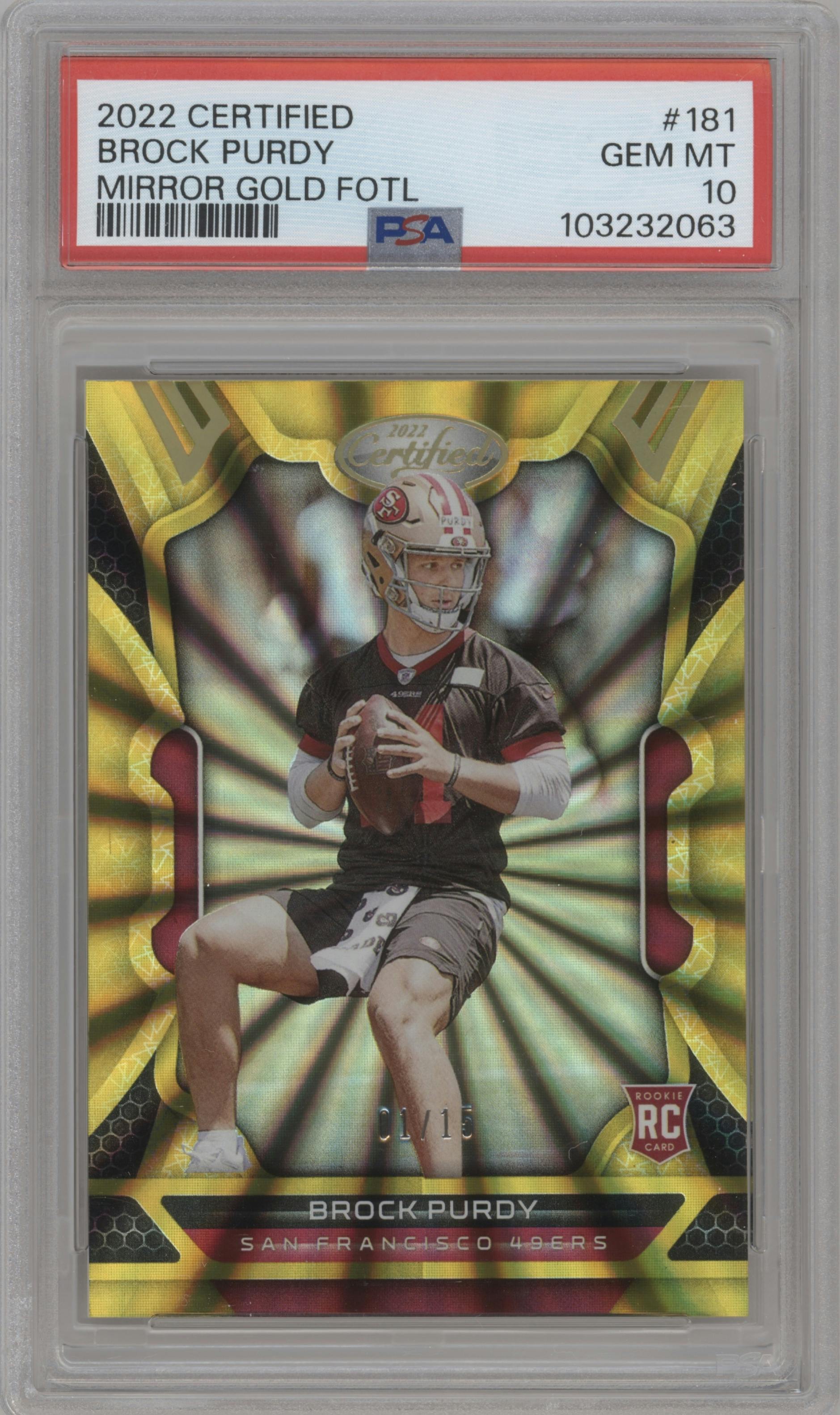Brock Purdy from the 2022 Panini Certified set featuring a  FOTL Mirror Gold parallel graded by PSA and given an overall grade of 10.