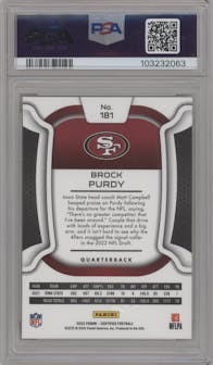 Brock Purdy from the 2022 Panini Certified set featuring a  FOTL Mirror Gold parallel graded by PSA and given an overall grade of 10.