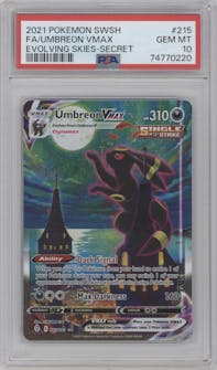 Umbreon VMAX from the 2021 Pokemon SWSH set graded by PSA and given an overall grade of 10.