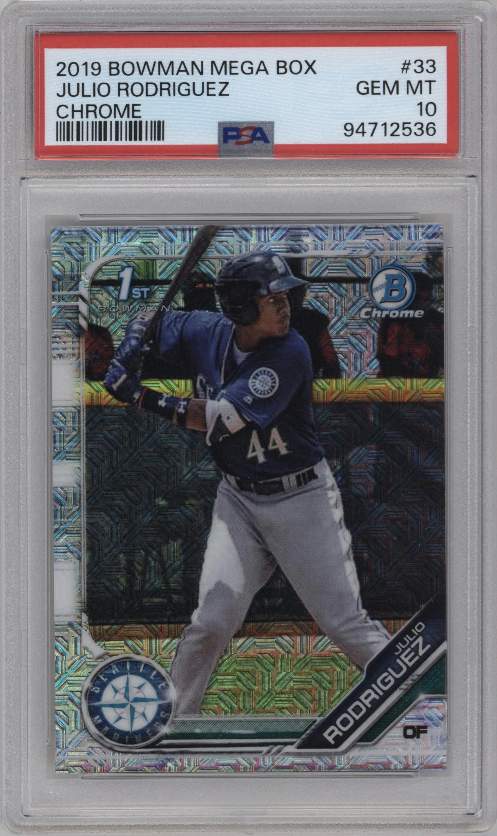 Julio Rodriguez from the 2019 Bowman Mega Box set graded by PSA and given an overall grade of 10.
