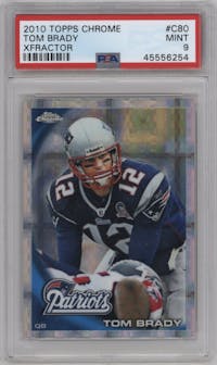 Tom Brady from the 2010 Topps Chrome set featuring a Xfractor parallel graded by PSA and given an overall grade of 9.