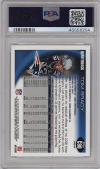 Tom Brady from the 2010 Topps Chrome set featuring a Xfractor parallel graded by PSA and given an overall grade of 9.