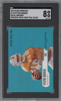 Peyton Manning  from the 2014 Flair Showcase set featuring a PMG Teal parallel graded by SGC and given an overall grade of 8.