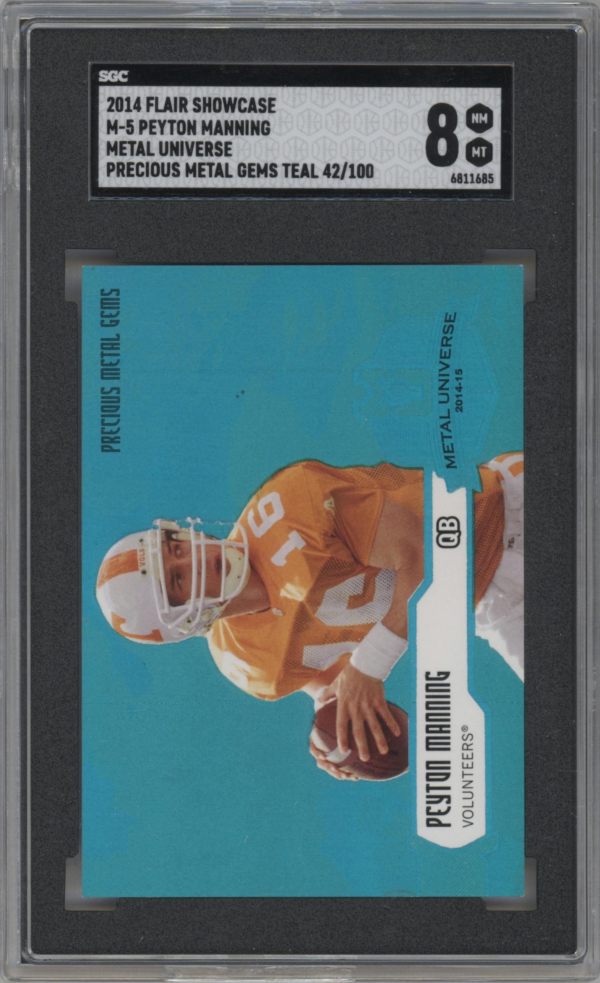 Peyton Manning  from the 2014 Flair Showcase set featuring a PMG Teal parallel graded by SGC and given an overall grade of 8.
