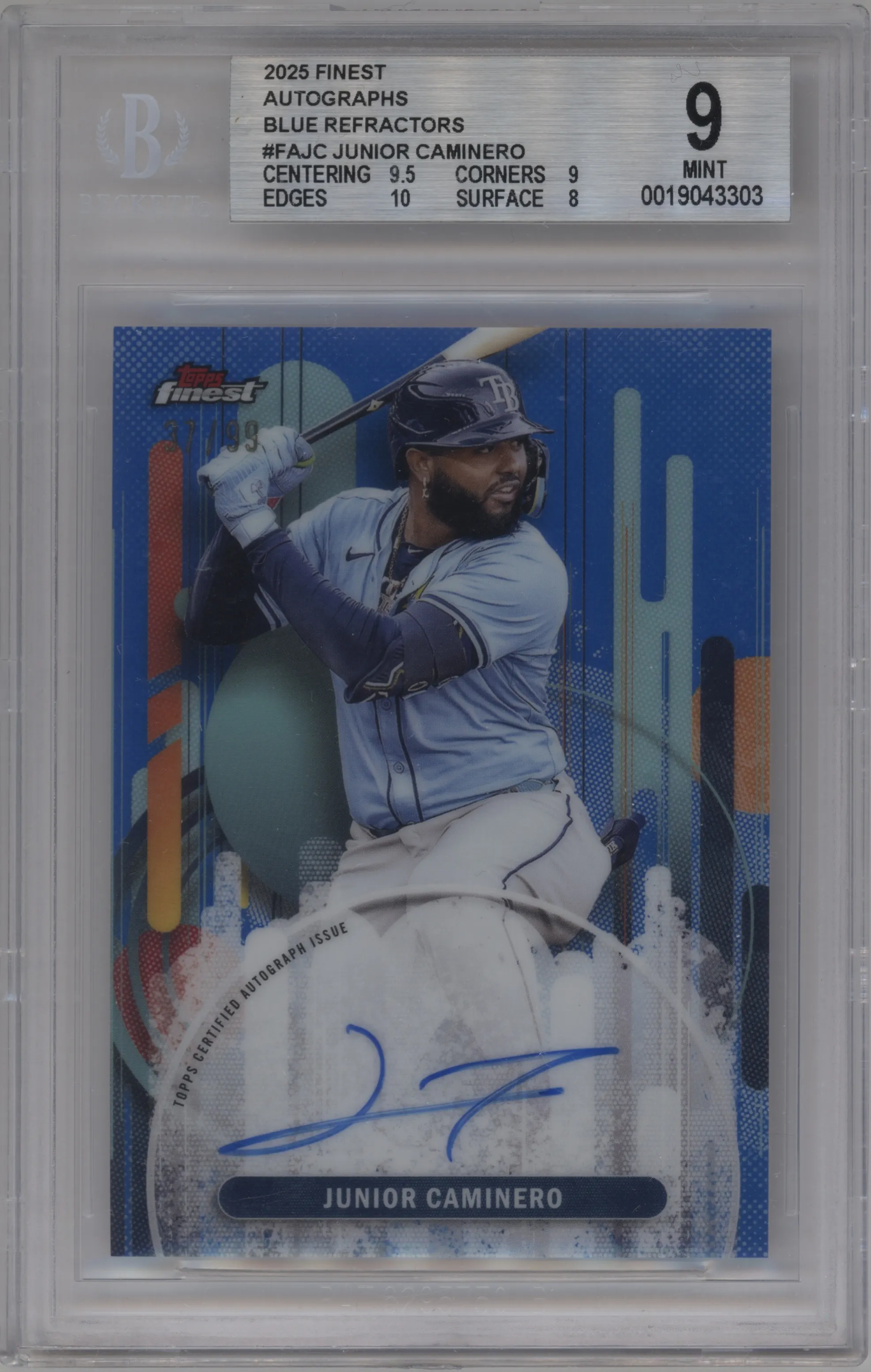2025 Topps Finest Auto Junior Caminero Blue Refractor #FA-JC BGS 9
