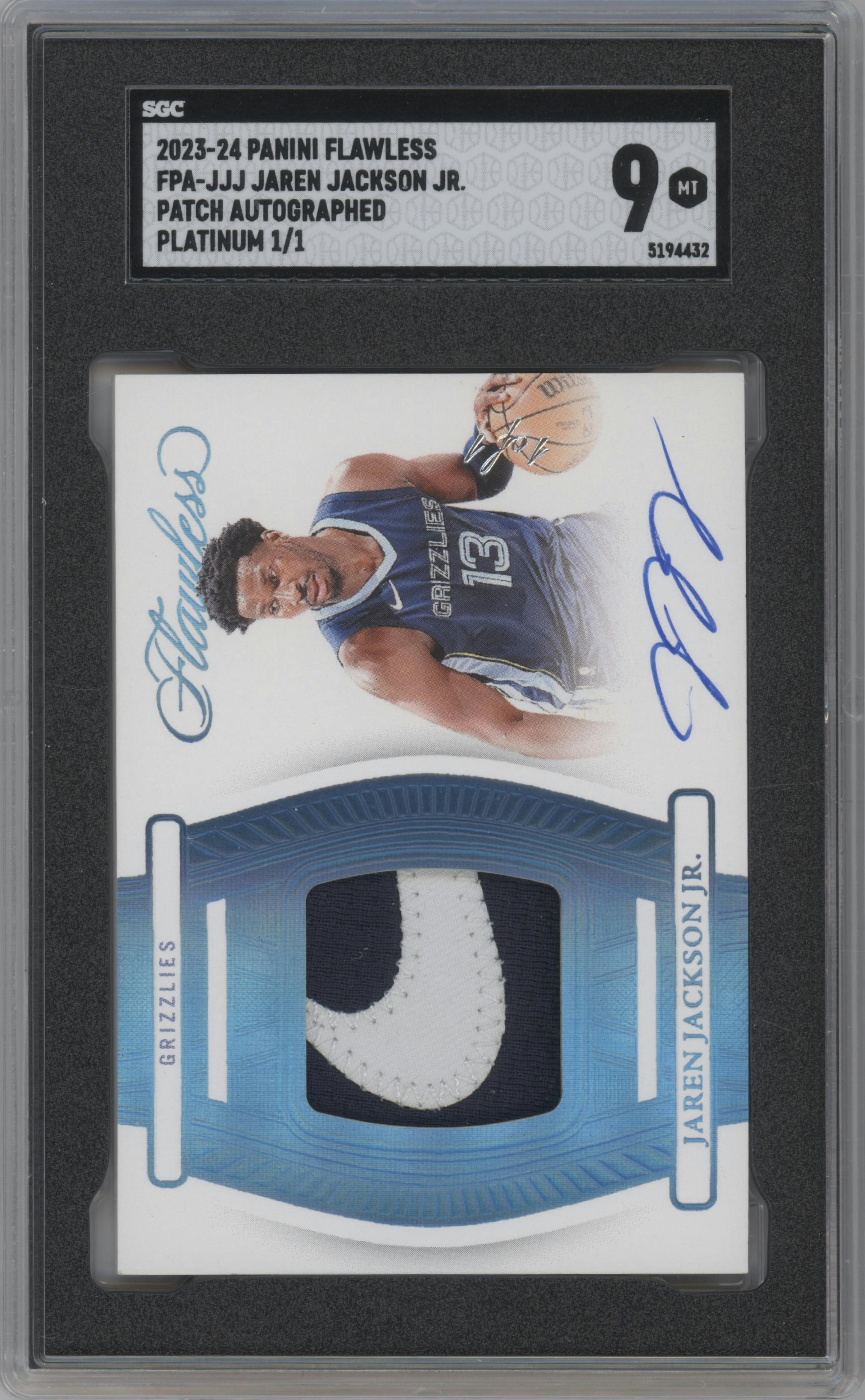 Jaren Jackson Jr. from the 2023-24 Panini Flawless set featuring a Platinum parallel graded by SGC and given an overall grade of 9.