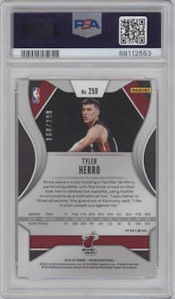 Tyler Herro from the 2019-20 Panini Prizm set featuring a Red Prizm parallel graded by PSA and given an overall grade of 8.