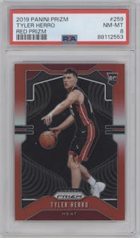 Tyler Herro from the 2019-20 Panini Prizm set featuring a Red Prizm parallel graded by PSA and given an overall grade of 8.