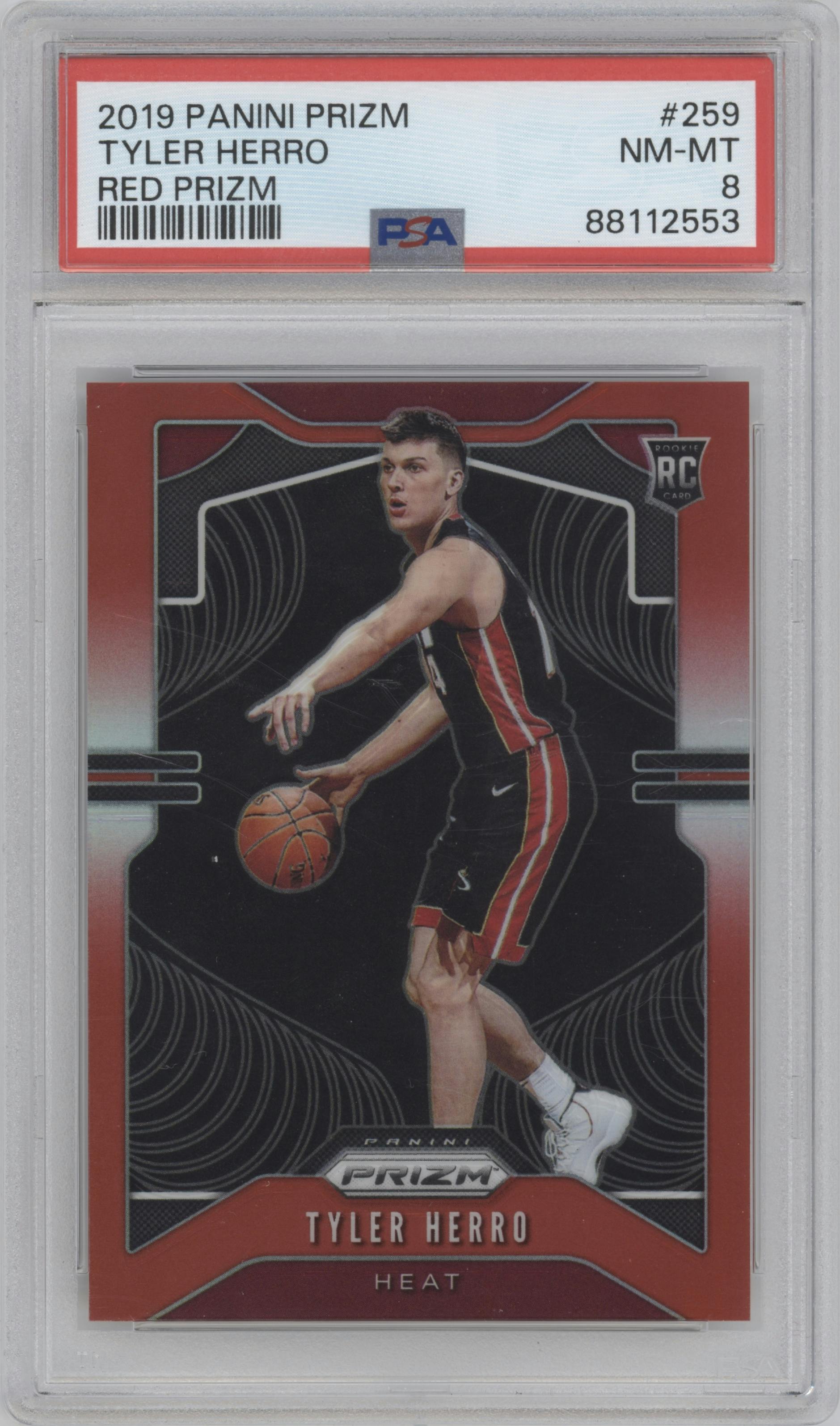 Tyler Herro from the 2019-20 Panini Prizm set featuring a Red Prizm parallel graded by PSA and given an overall grade of 8.