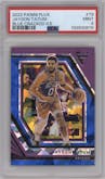 Jayson Tatum from the 2022-23 Panini Flux set featuring a Blue Cracked Ice parallel graded by PSA and given an overall grade of 9.