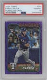 Evan Carter from the 2024 Topps  set featuring a Purple Holofoil parallel graded by PSA and given an overall grade of 10.