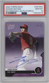 Shohei Ohtani from the 2020 Topps Now Road to Opening Day set featuring a Purple parallel graded by PSA and given an overall grade of 10.