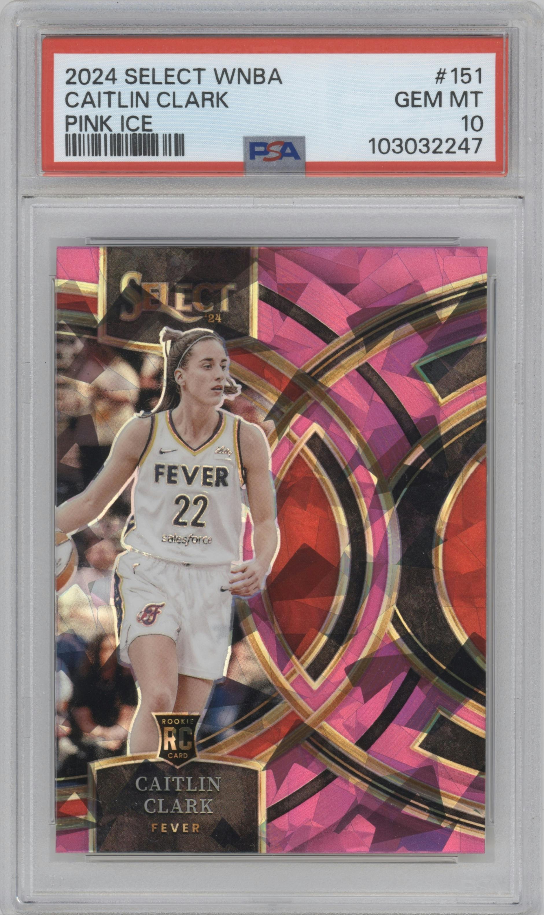 Caitlin Clark from the 2024 Panini Select WNBA set featuring a Pink Ice parallel graded by PSA and given an overall grade of 10.