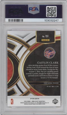Caitlin Clark from the 2024 Panini Select WNBA set featuring a Pink Ice parallel graded by PSA and given an overall grade of 10.
