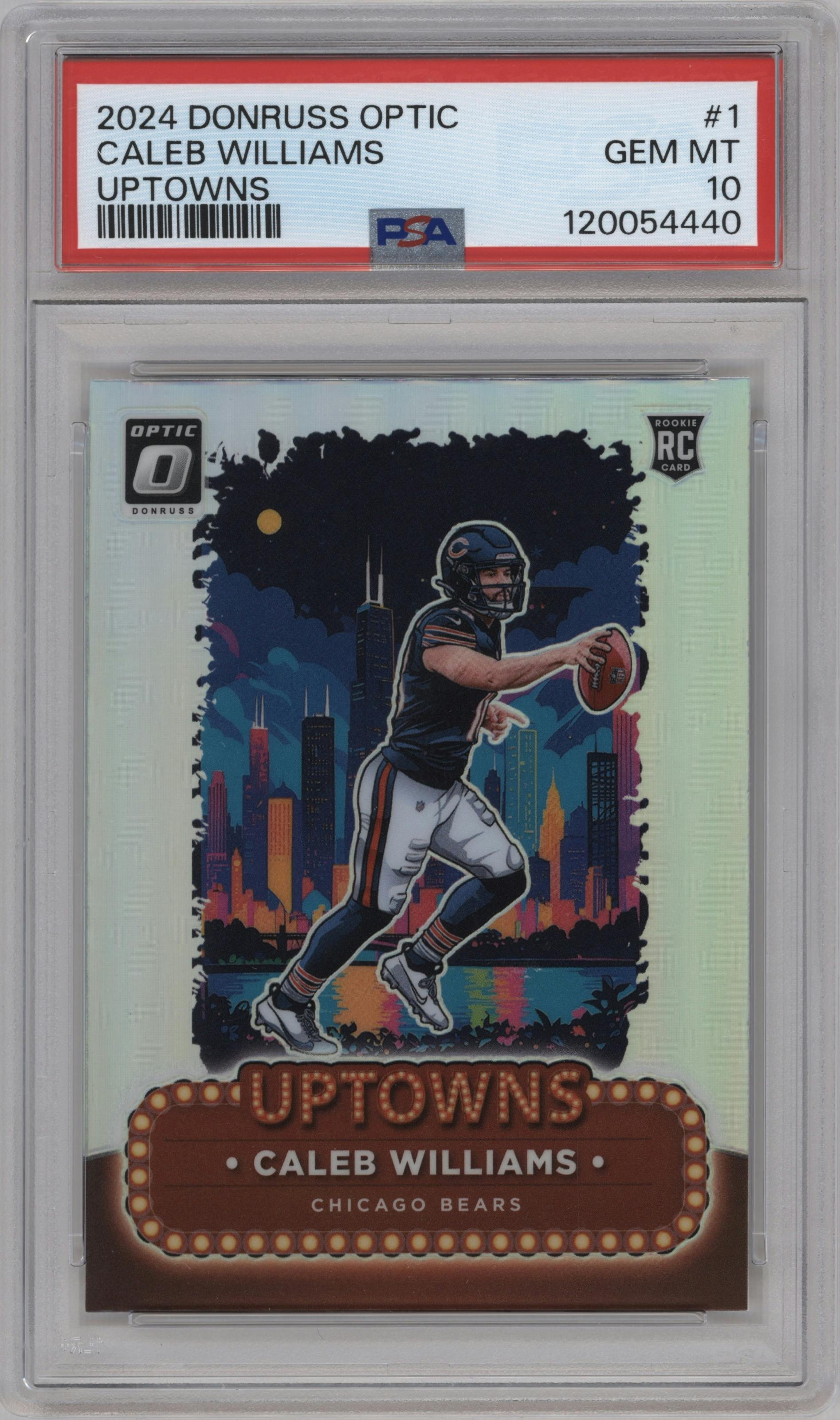 Caleb Williams from the 2024 Donruss Optic set graded by PSA and given an overall grade of 10.