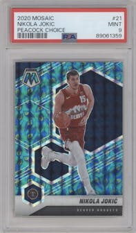 Nikola Jokic from the 2020-21 Panini Mosaic set featuring a Choice Peacock parallel graded by PSA and given an overall grade of 9.
