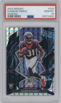 Dameon Pierce from the 2022 Panini Mosaic set featuring a Genesis parallel graded by PSA and given an overall grade of 10.