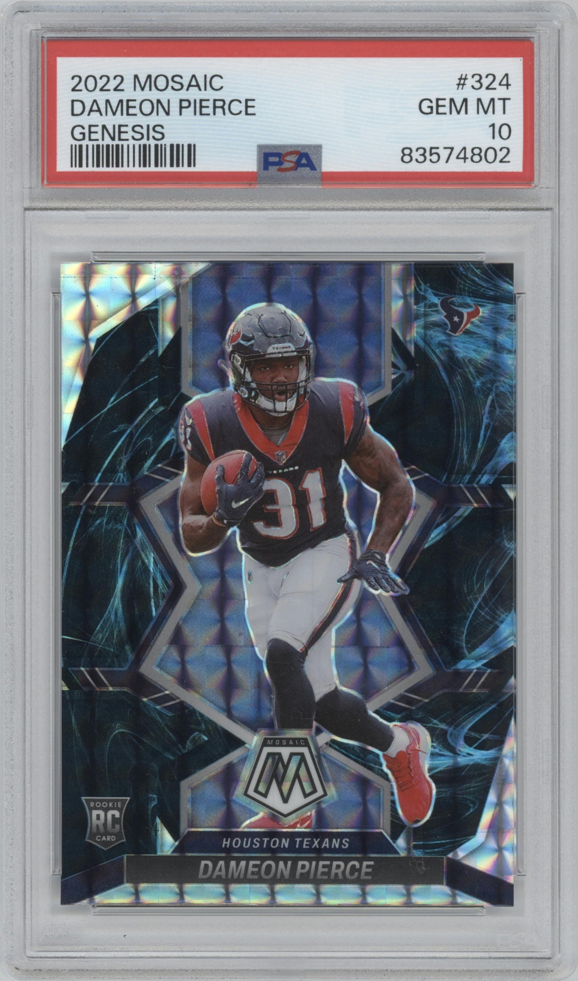 Dameon Pierce from the 2022 Panini Mosaic set featuring a Genesis parallel graded by PSA and given an overall grade of 10.