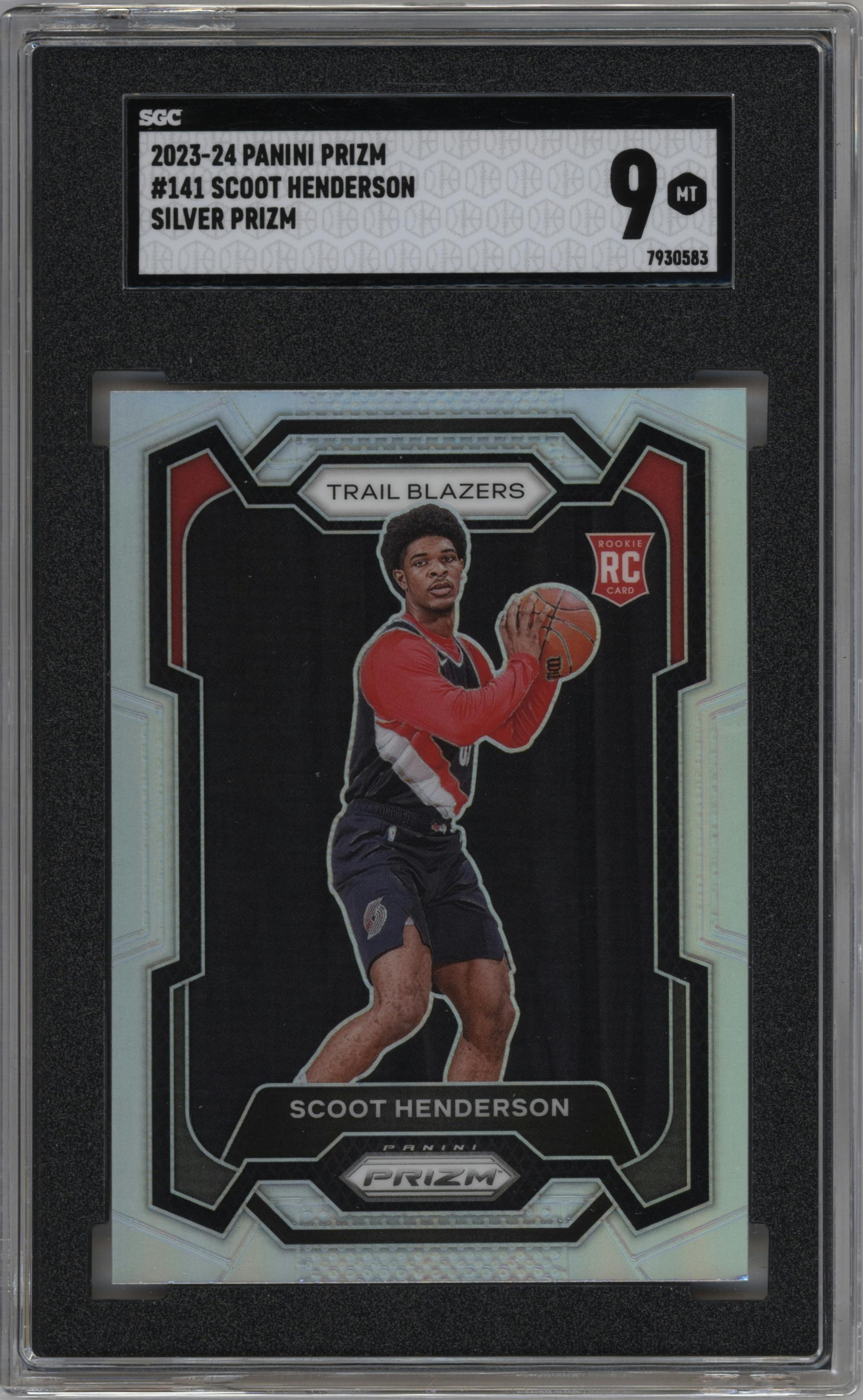 Scoot Henderson from the 2023-24 Panini Prizm set featuring a Silver Prizm  parallel graded by SGC and given an overall grade of 9.