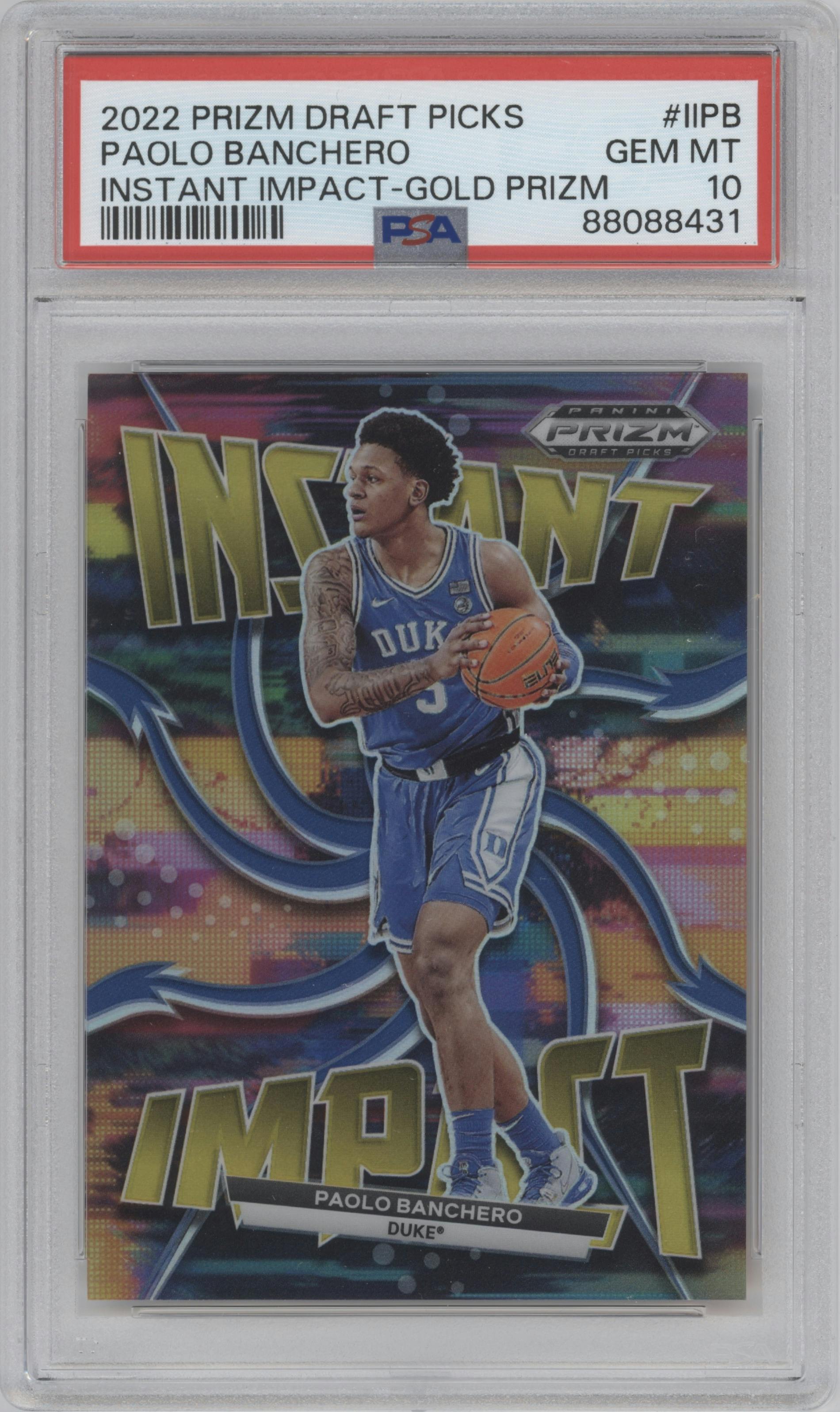 Paolo Banchero from the 2022-23 Panini Prizm Draft Picks set featuring a Prizms Gold parallel graded by PSA and given an overall grade of 10.