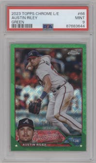 Austin Riley from the 2023 Topps Chrome Logofractor Edition set featuring a Green Refractor parallel graded by PSA and given an overall grade of 9.