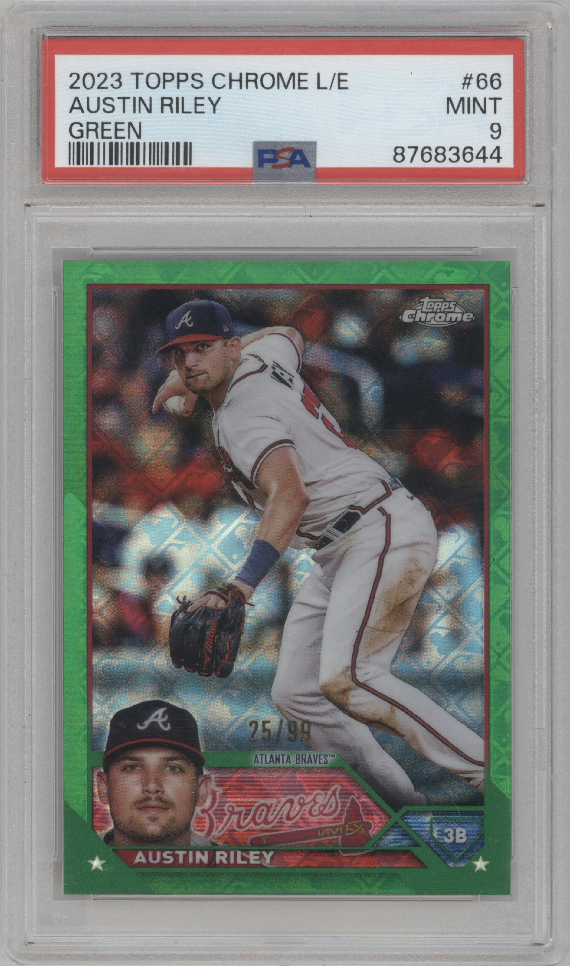 Austin Riley from the 2023 Topps Chrome Logofractor Edition set featuring a Green Refractor parallel graded by PSA and given an overall grade of 9.