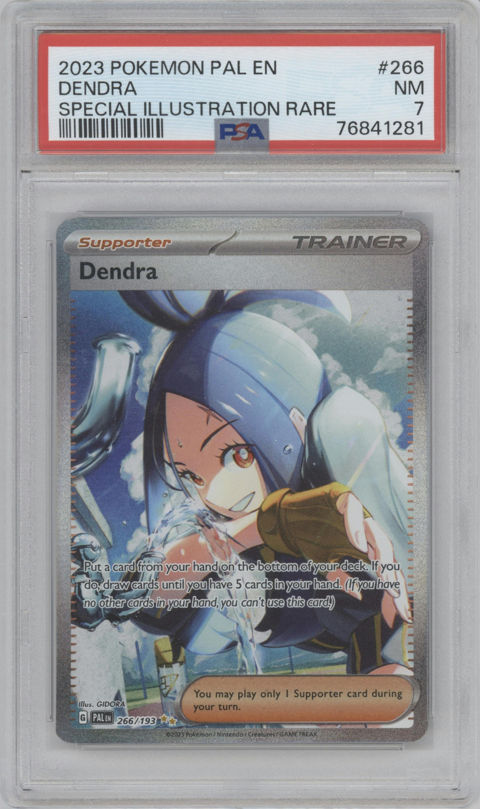 Dendra from the 2023 Pokemon SV set graded by PSA and given an overall grade of 7.
