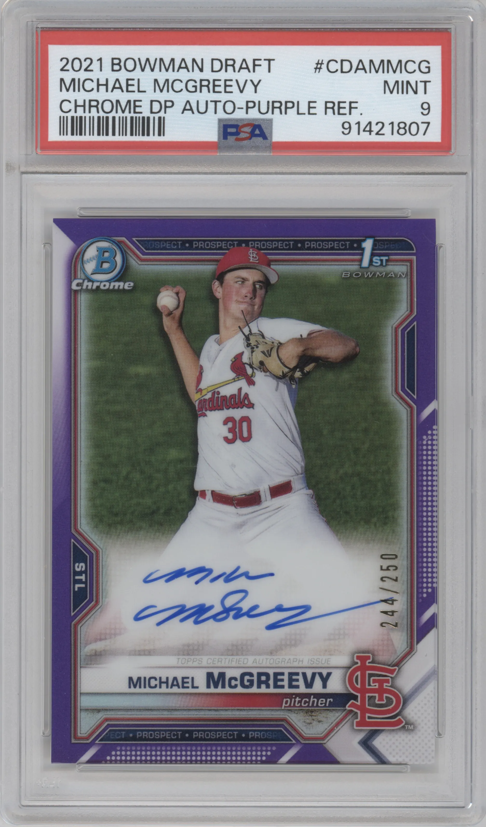 2021 Bowman Draft Chr.DP Auto Michael McGreevy Purple Refractor #CDA-MMCG PSA 9