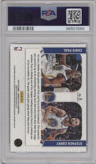 Chris Paul/Stephen Curry from the 2023-24 Donruss Optic set featuring a Purple parallel graded by PSA and given an overall grade of 8.
