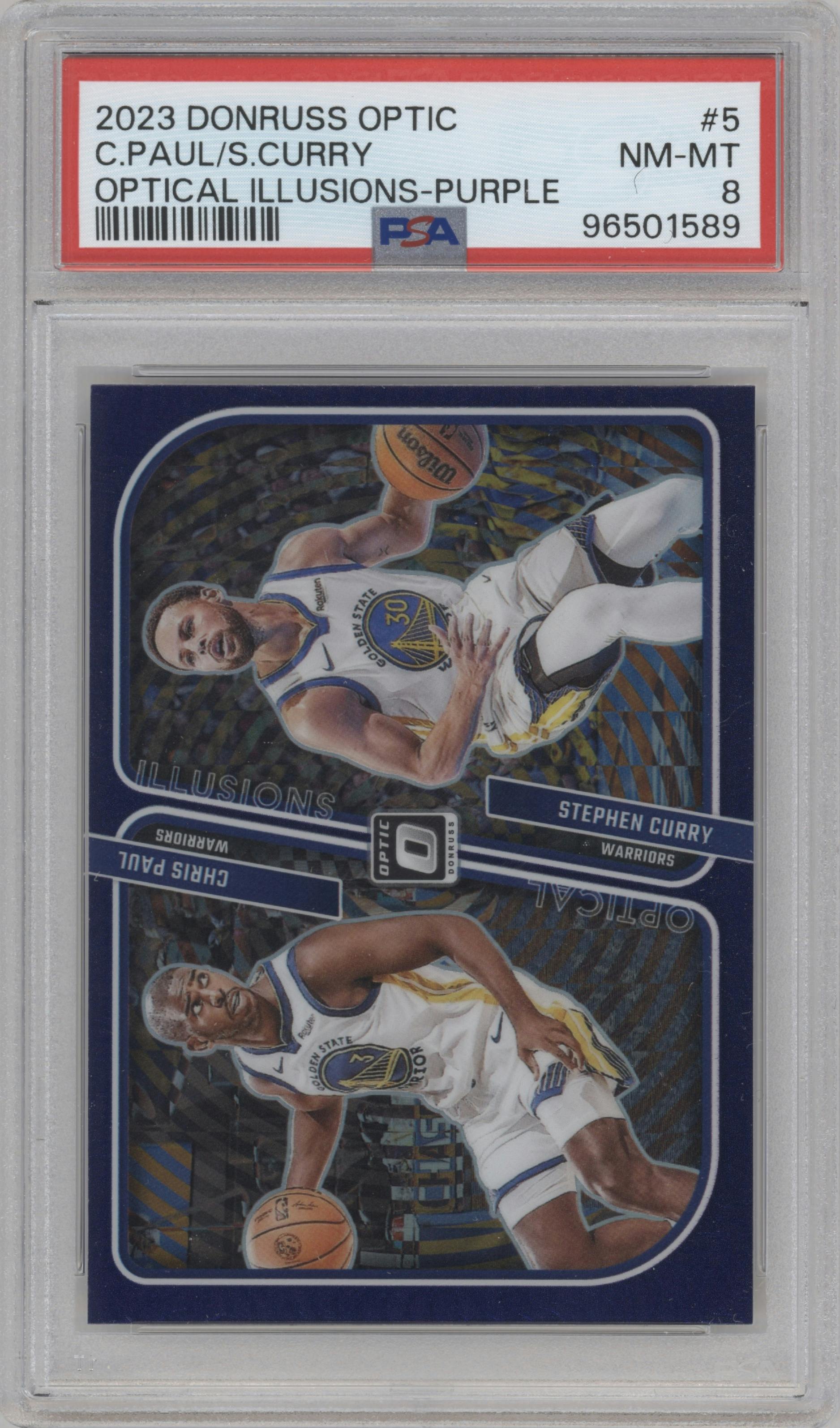 Chris Paul/Stephen Curry from the 2023-24 Donruss Optic set featuring a Purple parallel graded by PSA and given an overall grade of 8.