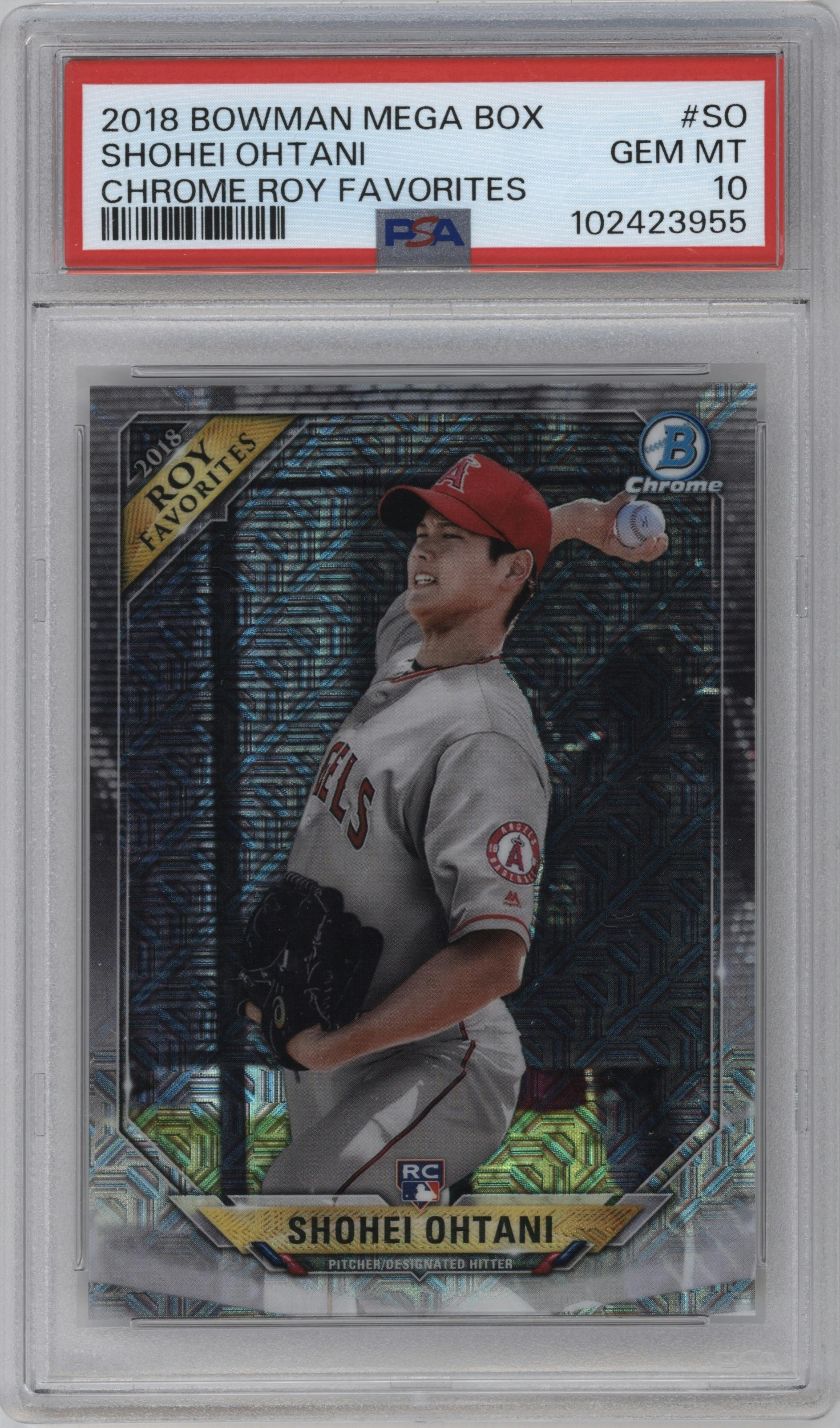 Shohei Ohtani from the 2018 Bowman Chrome Mega Box set graded by PSA and given an overall grade of 10.