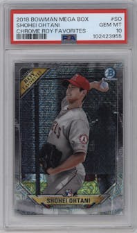 Shohei Ohtani from the 2018 Bowman Chrome Mega Box set graded by PSA and given an overall grade of 10.