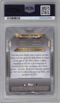 Shohei Ohtani from the 2018 Bowman Chrome Mega Box set graded by PSA and given an overall grade of 10.
