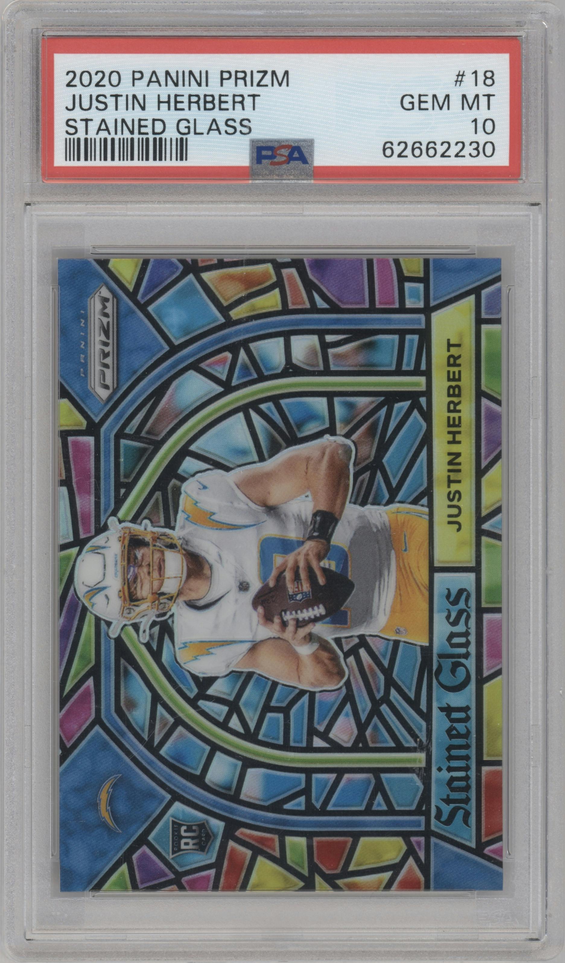 Justin Herbert from the 2020 Panini Prizm set graded by PSA and given an overall grade of 10.