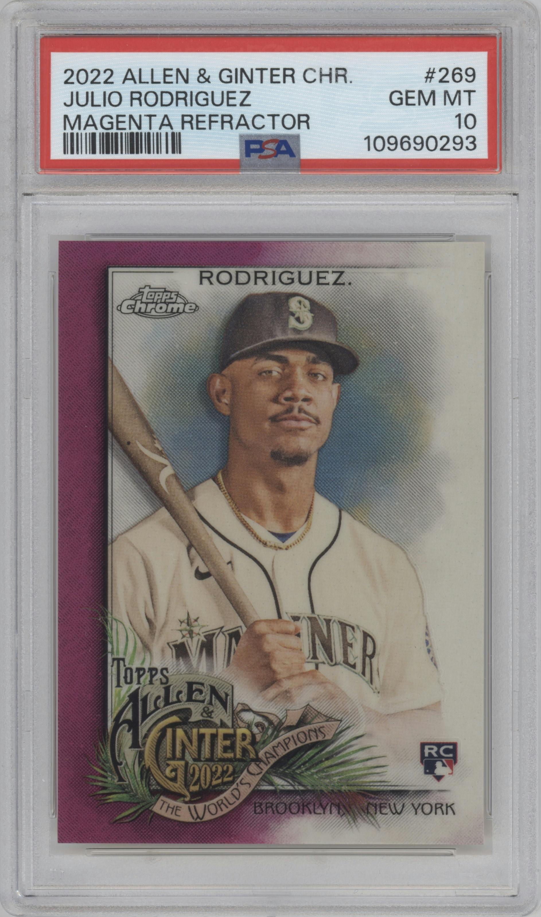 Julio Rodriguez from the 2022 Topps Allen & Ginter Chrome set featuring a Magenta Refractor parallel graded by PSA and given an overall grade of 10.
