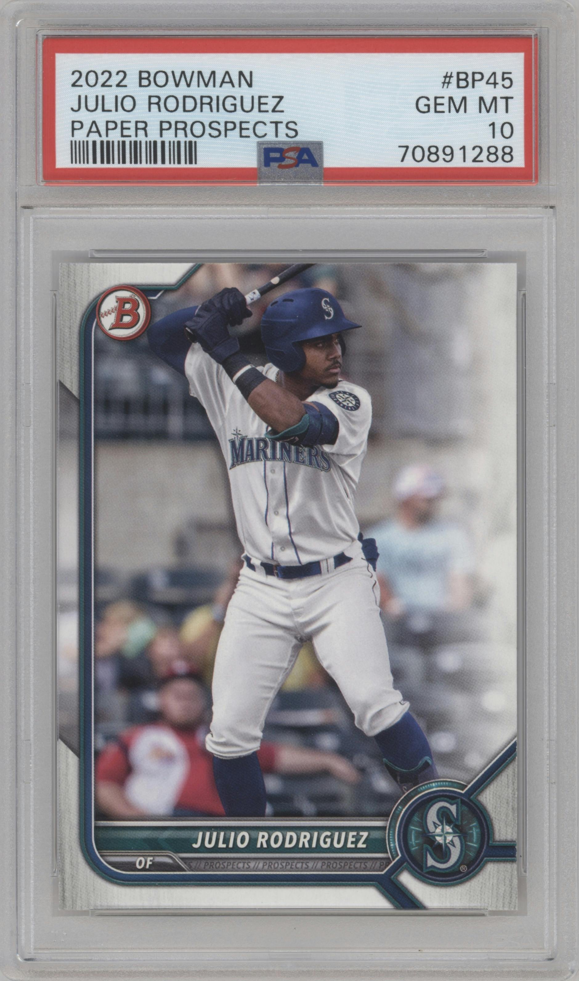 Julio Rodriguez from the 2022 Bowman set graded by PSA and given an overall grade of 10.